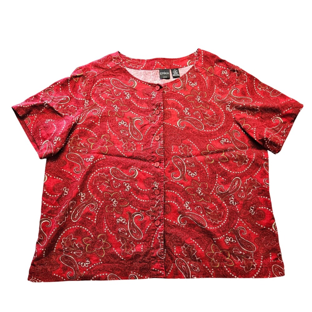 VTG Erika Red Paisley Linen Blend Button Front Top Short Sleeve Plus Size 2X - Picture 1 of 5